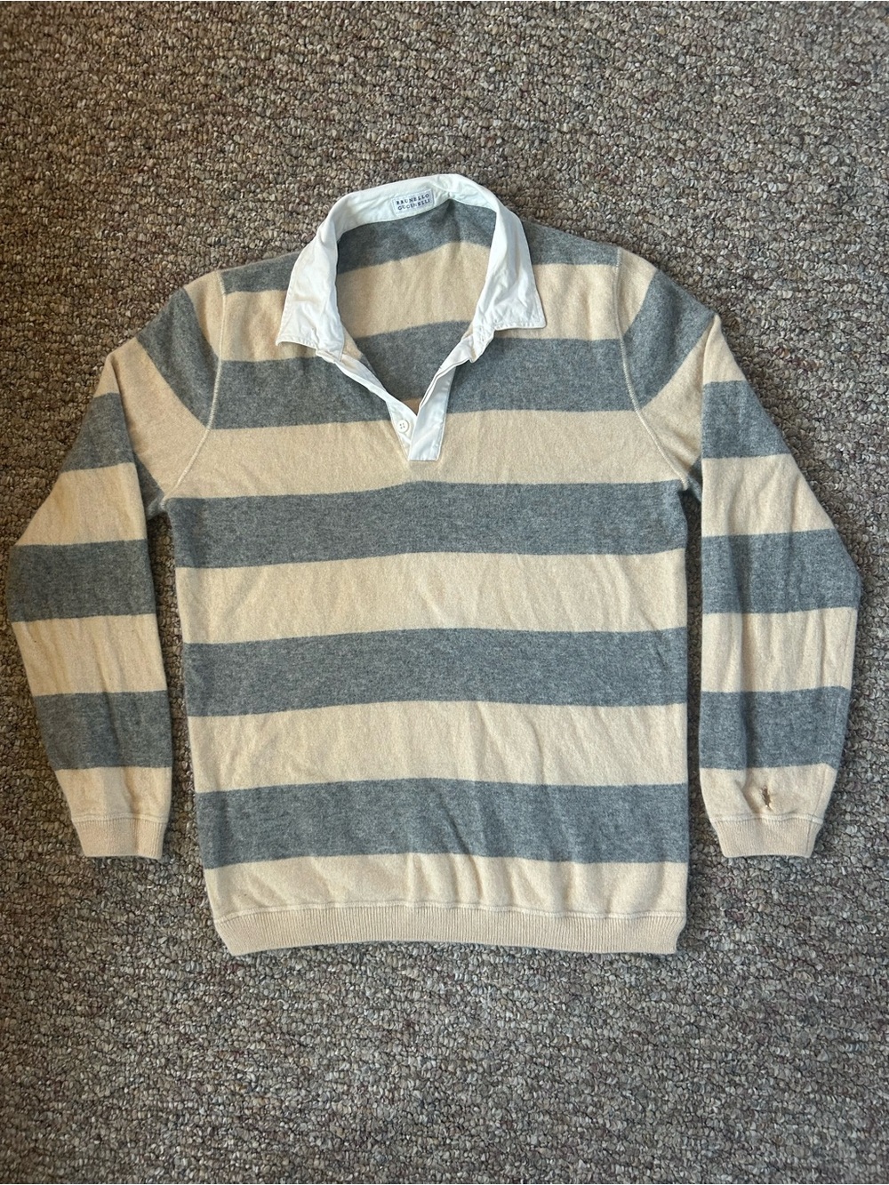 Brunello Cucinelli Cream and Gray Striped Rugby Polo